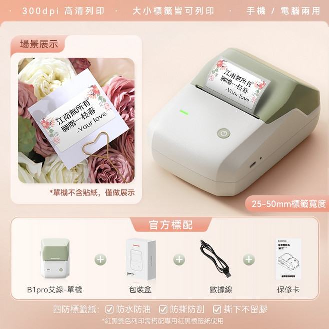 精臣 B1PRO B1 標籤機 花店花卉適用 防水耐磨 藍牙無線列印, 1個, B1Pro-艾绿(無貼紙)高清版, B1Pro-艾綠(無貼紙)高清版