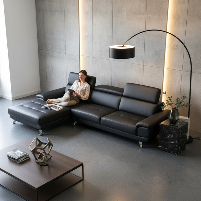 자네트 쟈드 4인용 카우치 가죽쇼파, 블랙