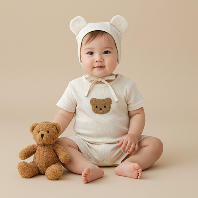 몽실이 뽀글곰 우주복 모자세트 바디슈트 보넷 아기 여름 반팔 외출복