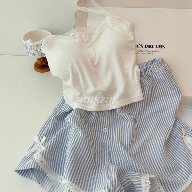 오누하임 [마린블루] 스트라이프 나시쇼츠 파자마 세트 브라캡 내장 여름 여성 홈웨어 하늘색 레이스 파자마 프리사이즈 편한 잠옷