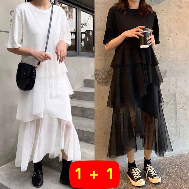 AOKADA 1+1 여성 라운드넥 언밸런스 샤 캉캉 롱 원피스 루즈핏 반팔 티셔츠 원피스 망사 배색 레이어드 데일리룩 여름 드레스