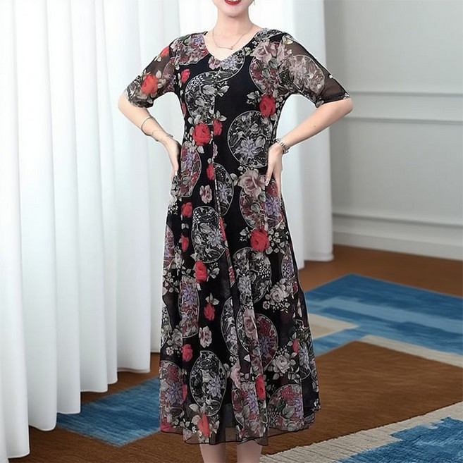 碎花連衣裙 夏季時尚媽媽裝韓版寬鬆顯瘦高檔大碼洋氣連衣裙, 1個, 2520#【復古紅】 專柜品質3XL 建議130-140斤