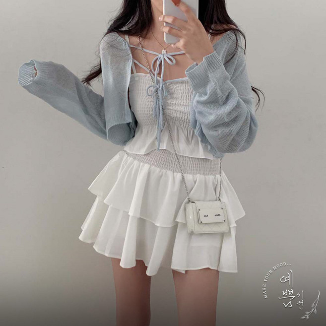 예쁨시전 러블리 데이트룩 더블리본 스트랩 크롭 니트 볼레로