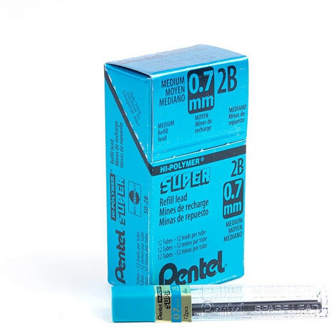 펜텔 Pentel 수퍼 하이폴리머 리필 샤프심 0.7mm 미디엄 2B 샤프심 144개입 (50-2B) 그레이 202043 3900284971, H 리드, 12 Count (Pack of 1)