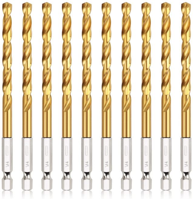 코모웨어 티타늄 트위스트 드릴 비트 세트 - 목재 플라스틱 알루미늄 합금용 10개 14인치 헥스 섕크 고속 강철 퀵 체인지, 10Pcs 1/4"
