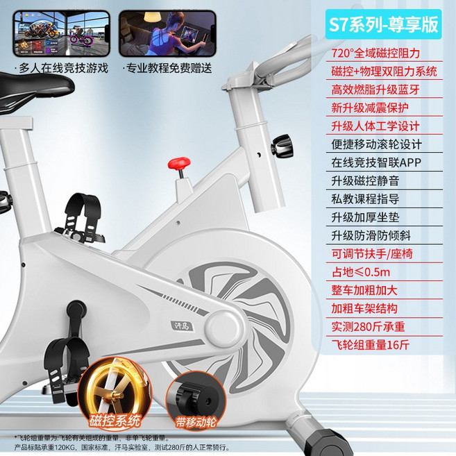 動感單車家用室內磁控運動健身自行車減肥超靜音健身器材, 1個, 1cm, 【S7尊享版-白】16斤飛輪組+全域物理/磁控雙調阻 +移動:無規格