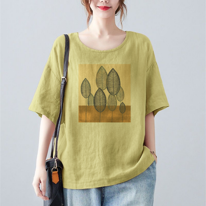 Makone 여성 린넨 스타일리시 프린트 루즈핏 반팔 티셔츠 봄여름 케주얼 데일리 상의