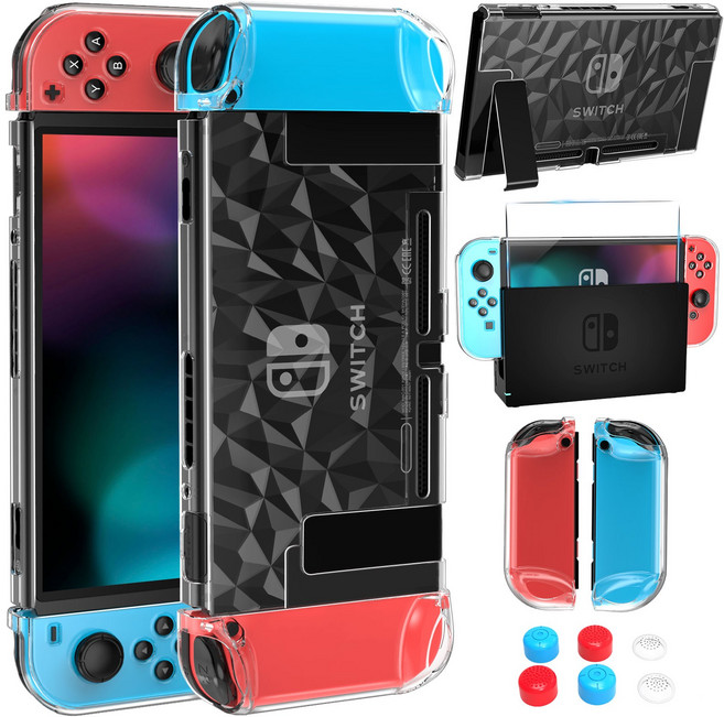 HEYSTOP 닌텐도 스위치 다이아몬드 무늬 케이스 케이스 강화필름 스틱 커버 핸드등 5종 세트, 1세트, 5 in 1, 투명