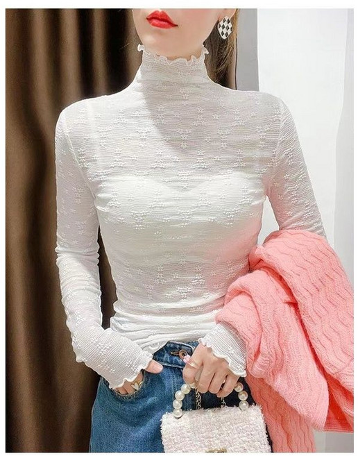 봄 가을 여자 목폴라티 레이스 이너웨어 프렌치 슬림 반폴라 긴팔티 데일리 여자 긴팔 티셔츠 CJJ