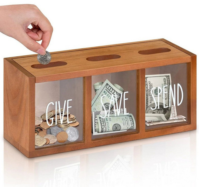 3칸 분리형 투명 목재 저금통 어린이 금융 교육 동전 지폐 겸용 절약통, 1개, 브라운 25x9x11cm