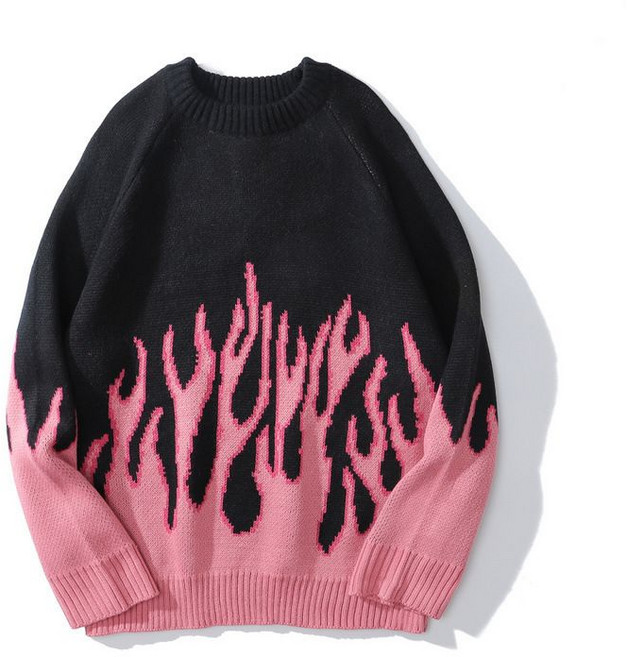 티류으스 남성 커플 빈티지 오버핏 니트 하라주쿠 힙합 스타일 불꽃무늬 스웨터 CQ