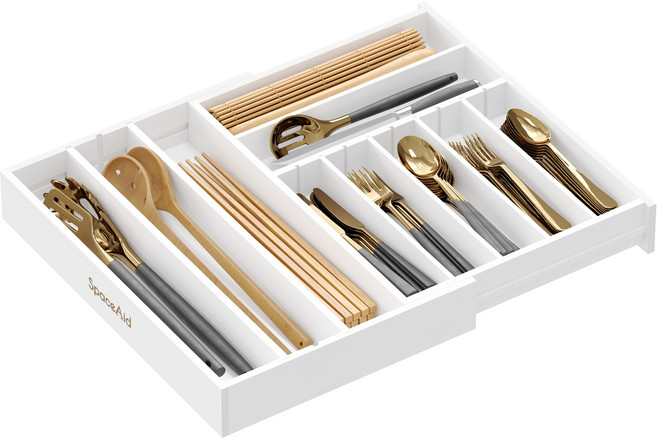 대나무 길이조절 수저정리함 10칸 서랍트레이 확장형 주방 커트러리 정리대 높이 6.3cm, 1개, 화이트