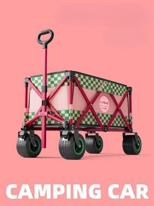 접이식 캠핑 카트 대형 야외 캐리어 폴딩 웨건 트롤리 짐수레 광폭타이어 리프트 테이블 아웃도어 대용량, 핑크 + 그린 테이블, 1개