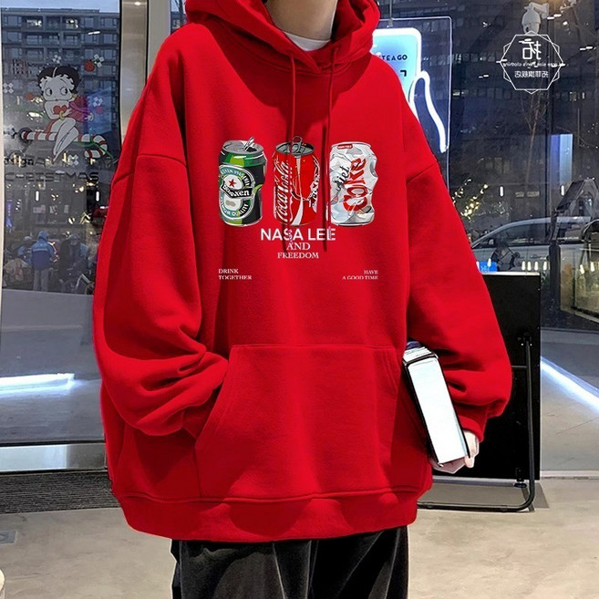 YP 長袖連帽衛衣 美式街頭 NASA LEE AND FREEDOM 飲品圖案 寬鬆休閒情侶上衣