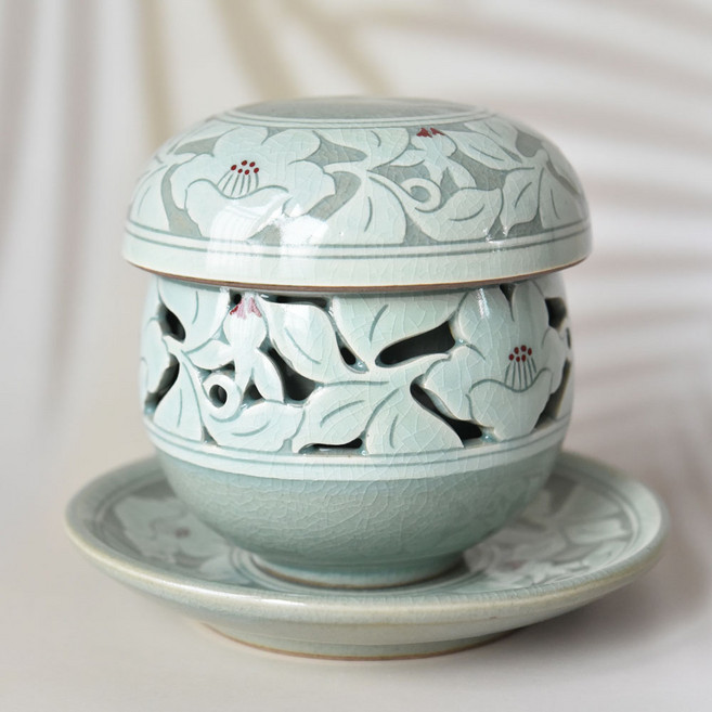 고급청자 무궁화 이중투각녹차다기잔