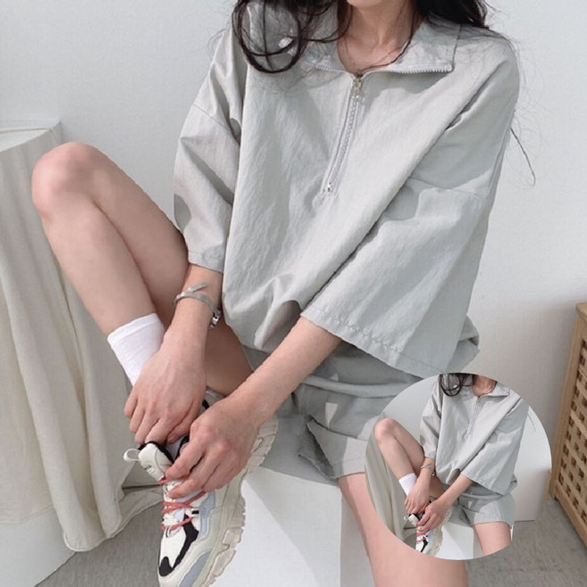 유니드잇 아노락 여성 트레이닝세트 반집업 반팔바지 여성트레이닝복