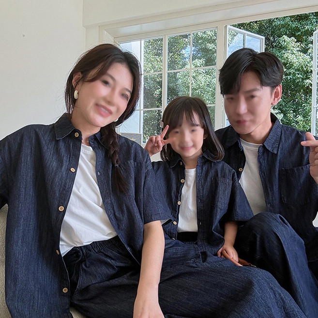 데님 셋업 패밀리룩 반팔 청자켓 셔츠 청바지 밴딩 포켓 가족티 패밀리티셔츠 아동복 남여공용