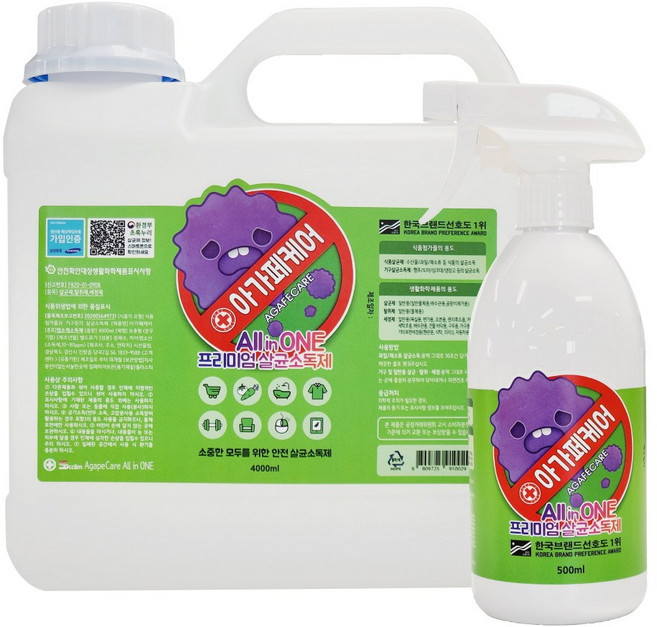 아가페케어 뿌리는 살균소독제 4L+500ml, 4500ml, 8세트