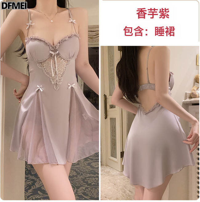 DFMEI DZ瑰若誘惑加胸墊內衣輕奢透視網紗性感緞面睡裙外袍大碼套裝4955