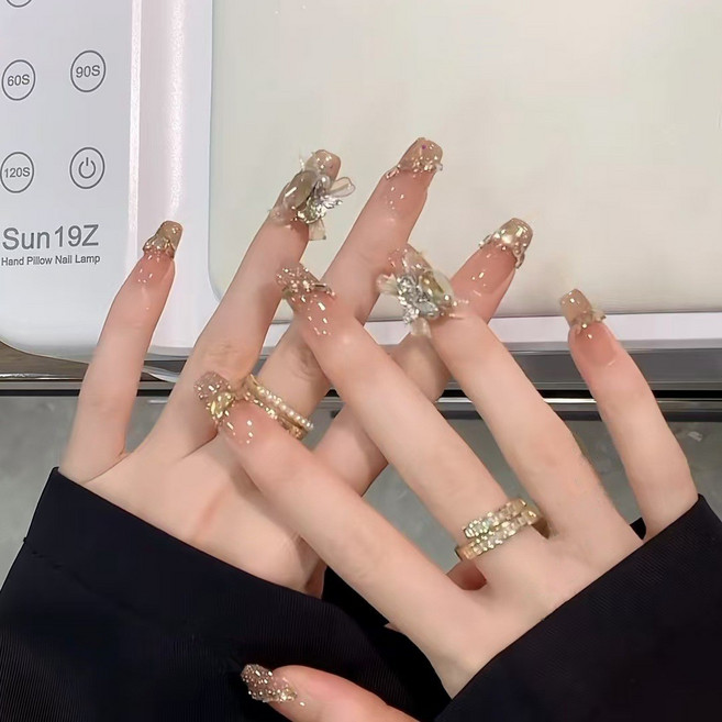 유니스뮬라 수제 네일팁 프리미엄 샴페인 골드 그라데이션 리본 크리스탈 롱코핀 L12, 1개, S