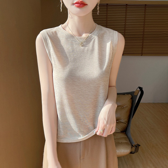 봄여름 라운드넥 단색 니트 민소매 탑 여성 외출용 티셔츠 다용도 상의