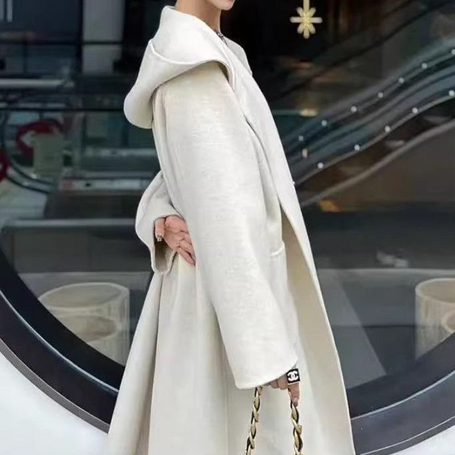 AOKADA 여성 가을 겨울 오버핏 모직 후드 빅포켓 롱코트