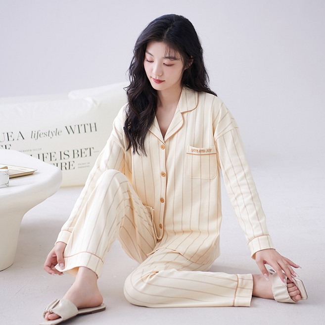 ANYOU 여성 순면 잠옷 줄무늬 상하의 세트 캐주얼 빅사이즈 심플 캐주얼 홈웨어