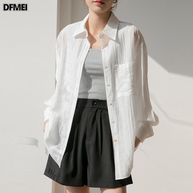 DFMEI 夏裝新寬鬆肌理顯瘦長袖天絲防曬衫透氣純色翻領襯衫女