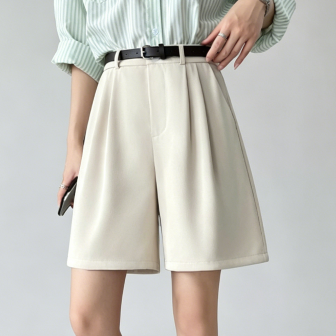 NUNUHANA 여성 여름 핀턱 뒷밴딩 정장 반바지 데일리 캐주얼