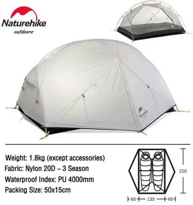 Naturehike 클라우드 업 몽가 스타 리버 2 인용 캠핑 텐트 초경량 배낭 하이킹 여행 무료 매트 포함, CHINA, Mongar-그레이, 없음