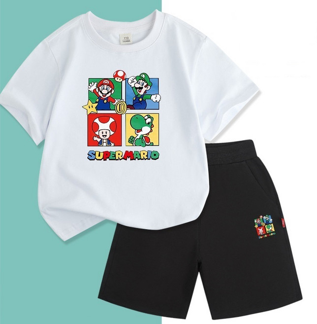 100% 순면 여름 어린이 반팔 반바지 슈퍼마리오 캐릭터 트레이닝복 상하세트 투피스
