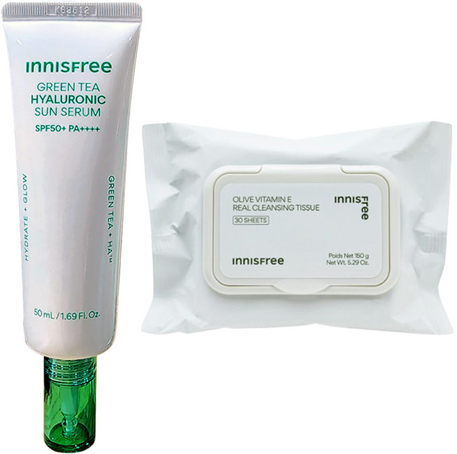 이니스프리 그린티 히알루론산 진정수분 선세럼 50mL+올리브 비타민 E 리얼 클렌징 티슈 30매, 1개, 150g