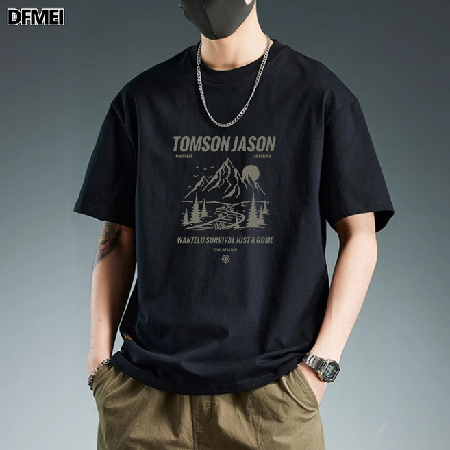 DFMEI 純棉圓領短袖T恤純色修身設計感拼接小衆高級搞怪藏青色男生T恤