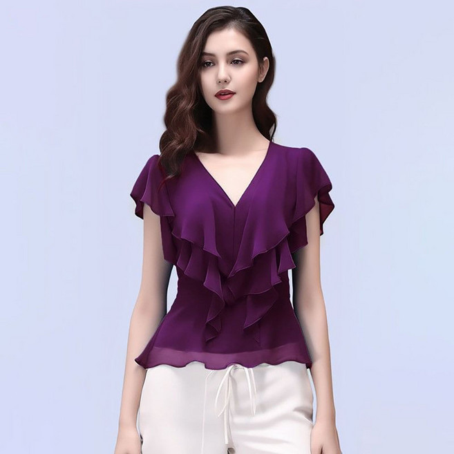 IWMAFT 여성 여름 쉬폰 블라우스 브이넥 러플 레이어드 슬림핏 우아한 데일리룩 SQ474