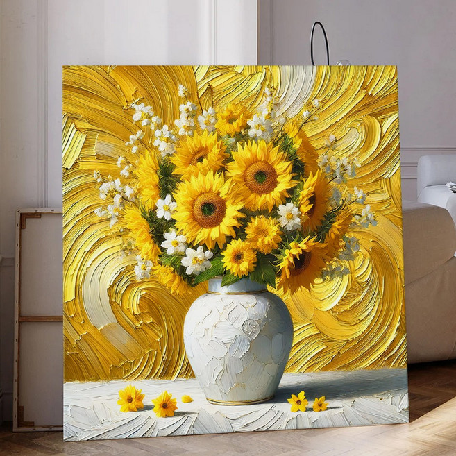 풍수 화월 달항아리 꽃그림 대형액자 복들어오는 캔버스액자 시리즈 11종, 02.골드장수해바라기