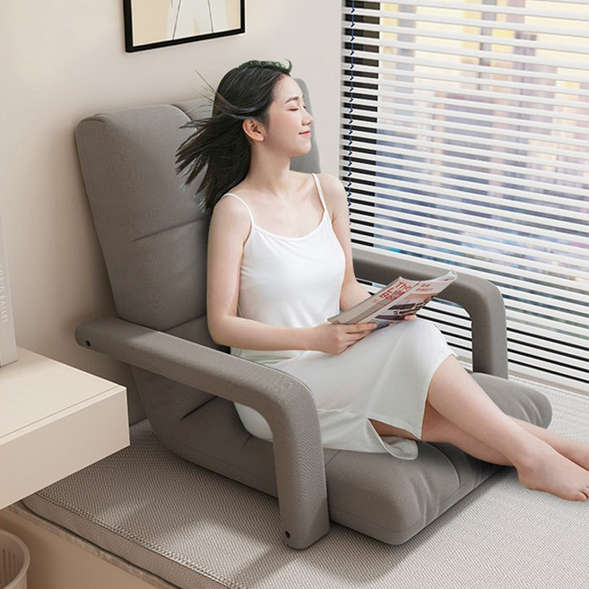 Takata 각도조절 좌식쇼파 1인용 리클라이너 팔걸이 접이식 패브릭 다리 없는 시트 앉고 누울 수 있는 좌식의자, 1개, 그레이 발받침 없음