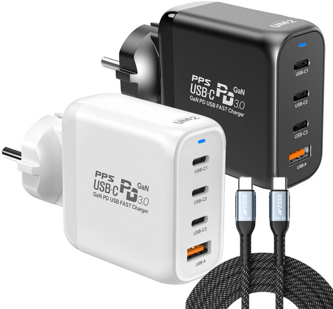 UM2 68W GaN PD 접지형 4포트 고속 충전기 70PDGAN + 100W 케이블 세트, 1개, 70PDGAN 블랙+100W 케이블