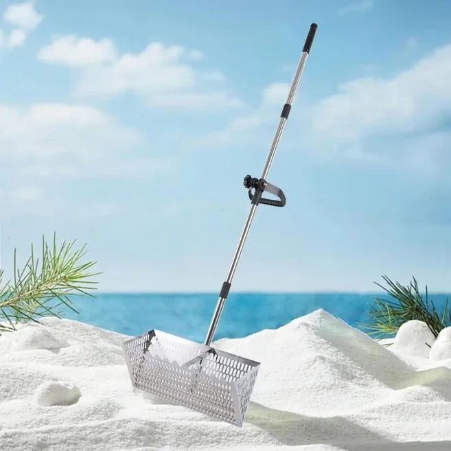 모래 체 갈퀴 해변 메쉬 삽 원예 토양 풀기용 긴 손잡이, 01 Silver