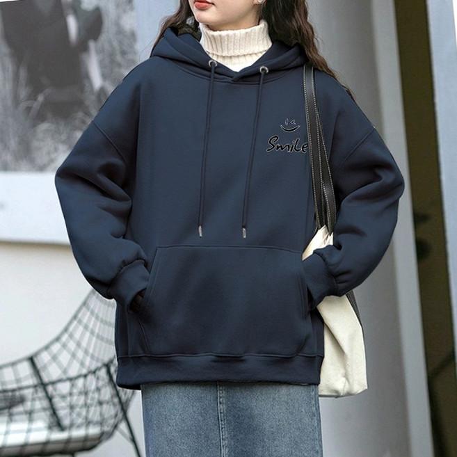 스타일아유 여성용 오버핏 빅사이즈 데일리 후드티 Smile 레터링 310g면혼방 캐주얼 맨투맨 TS2162