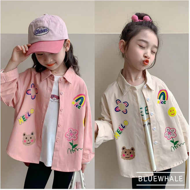 블루고래 여아 환절기 컬러풀 자수 와펜 데일리 셔츠