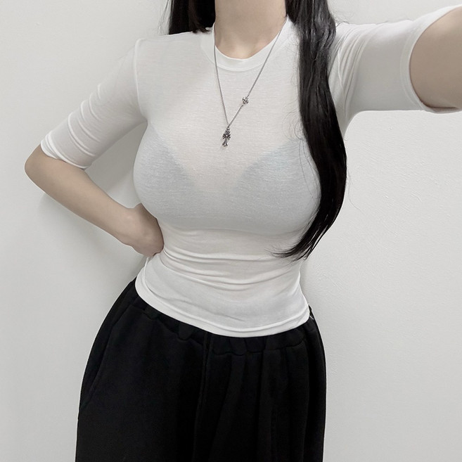 VANANA2 [핏ㄹㅇ보장!/반팔버전] KOREA MADE : 여성용 사계절기본템 레귤러 5부티 쫀쫀 글램 비치는 얇은티셔츠