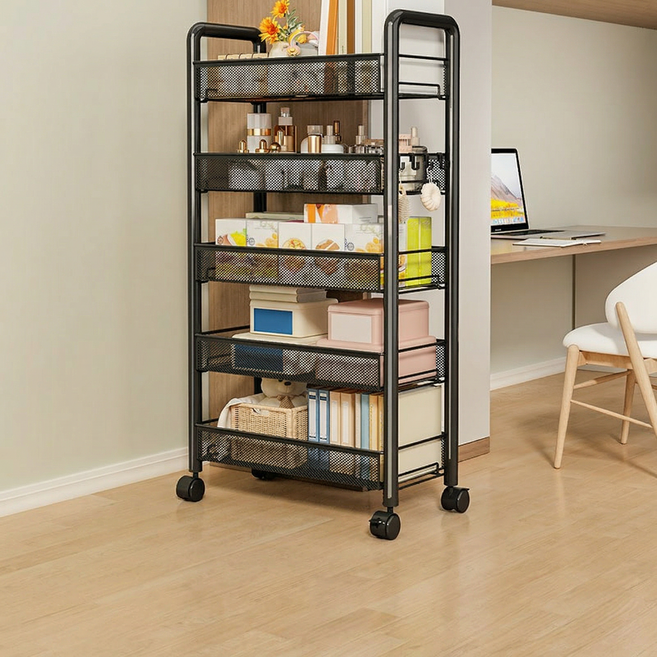 Dune 메쉬 철제 이동식 트롤리 만향바퀴 주방 정리함 수납 카트 핸들 후크 다용도, 검은색, 5단
