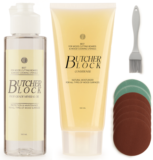 BOUMBI 도마 관리 키트 100mL미네랄 오일 100mL부처블락컨디셔너 사포 7장, 1개