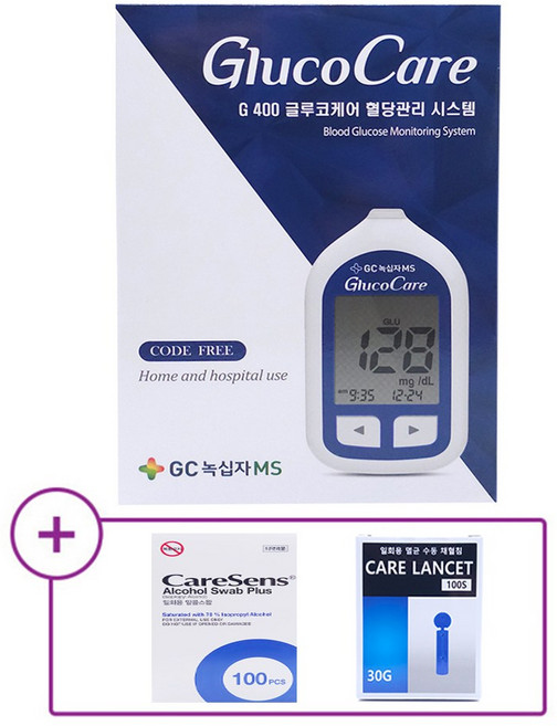 녹십자 G400 글루코케어 혈당측정기 혈당계 단품(시험지별도구매)+알콜솜100매+채혈침100개, 1개