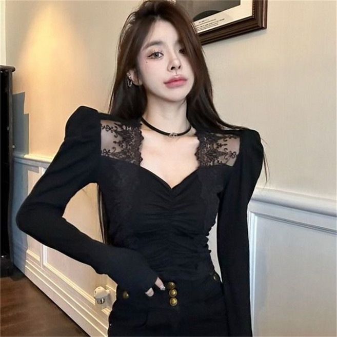 TKX 여성용 레이스 배색 브이넥 퍼프소매 긴팔 티셔츠 페미닌 슬림핏 우아한 디자인 데일리 상의