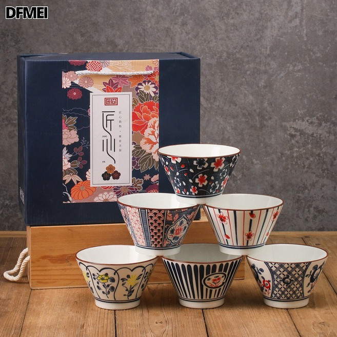 DFMEI 日式陶瓷餐具禮品碗碟套裝青花瓷碗筷套裝陶瓷碗開業活動禮品, 1個, 5寸斗笠碗六碗：(12件/箱), 參考詳情