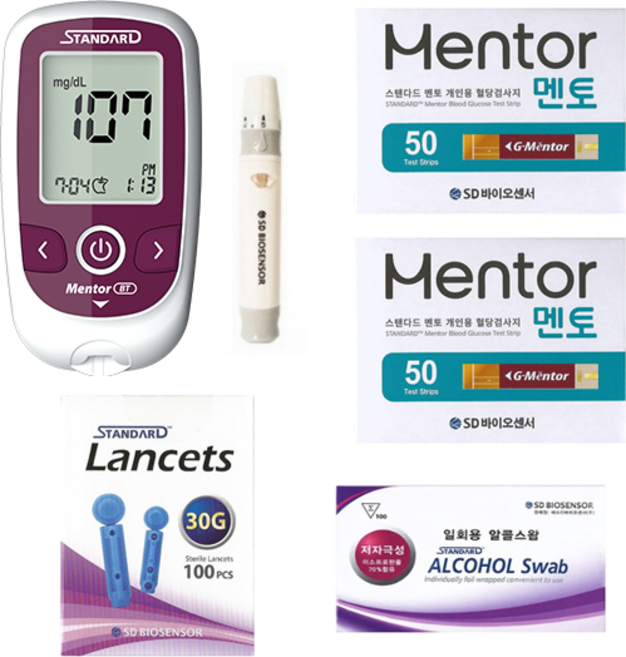 에스디바이오센서 스탠다드멘토 혈당측정기 풀세트(기계세트+채혈기+시험지100매+정품침110개+정품솜100매+파우치) elevee, 1개, 상품상세페이지 참조