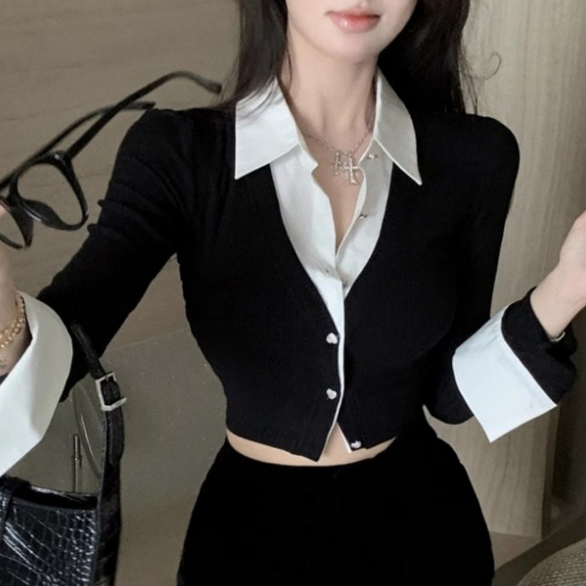 아이엠몽 여성 셔츠 레이어드 하트 버튼 크롭 긴팔 티셔츠