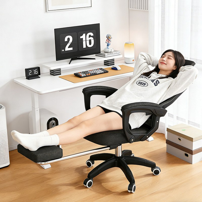 메쉬 사무용 의자 컴퓨터 의자 리클라이너 허리편한 오피스 체어, 블랙