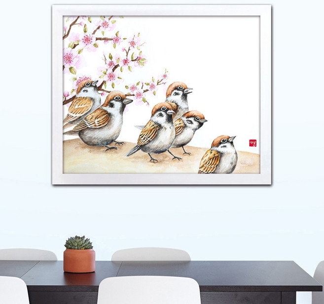 나봄갤러리 참새와 매화 새그림 일러스트 참새그림, 2.심플 화이트 액자